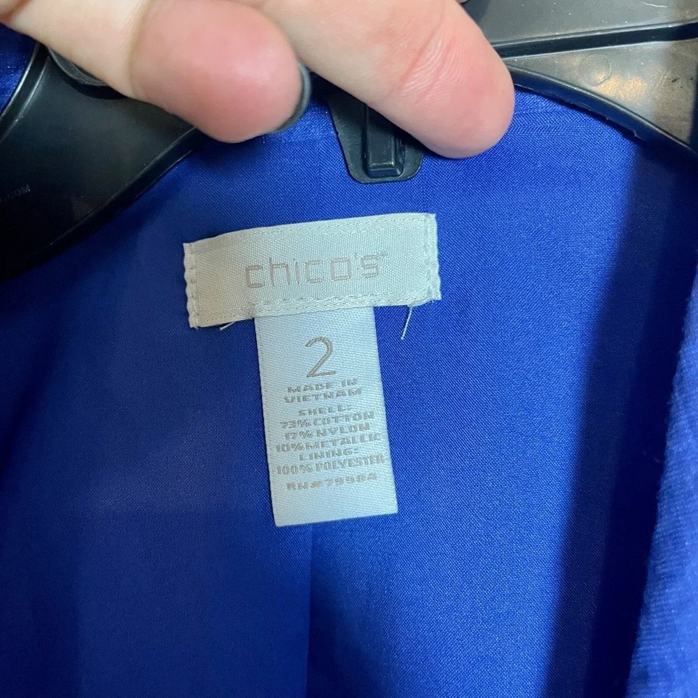 Chico's Blazer Jacket Womens Large Blue Metallic Long Sleeve‎ 3 Buttons Formal